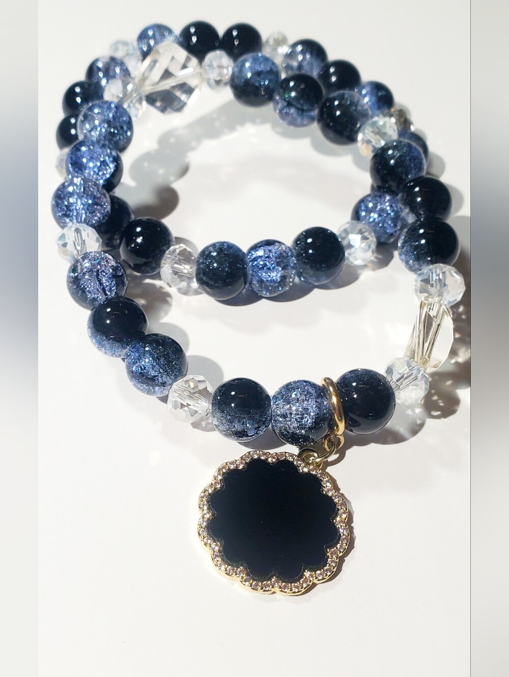 Women's Navy Blue Glass Beaded Bracelet with Black Enamel Pendant